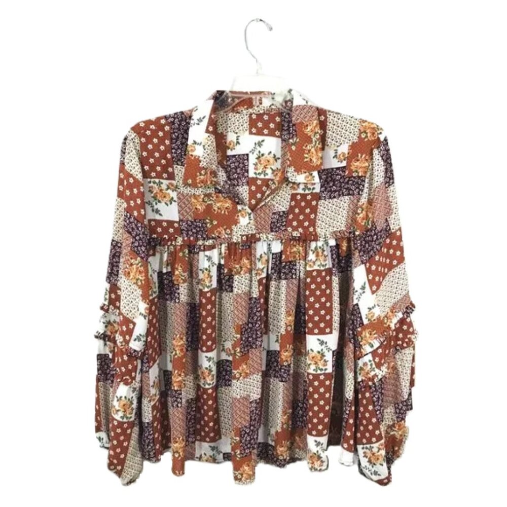 Lightweight Floral Blouse Balloon Sleeve Patchwork Multicolor Women 3X - Picture 6 of 12